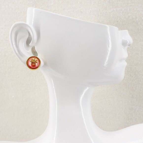Tory Burch Melodie Pearl Logo Stud Dome Earrings Peach Pink/Tory Gold OS - Picture 12 of 12